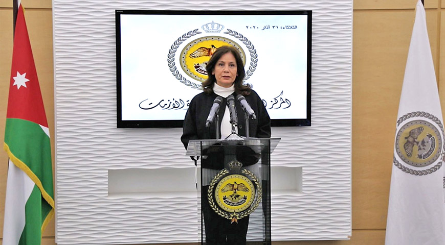 Energy Minister Hala Zawati speaks during a press briefing at the National Centre for Security and Crisis Management on Tuesday (Petra photo)